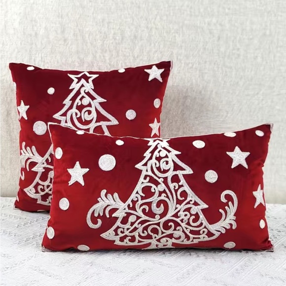 TWO VELVET Christmas pillows red & White trees SUCH BEAUTIFUL PILLOWS - Picture 2 of 6